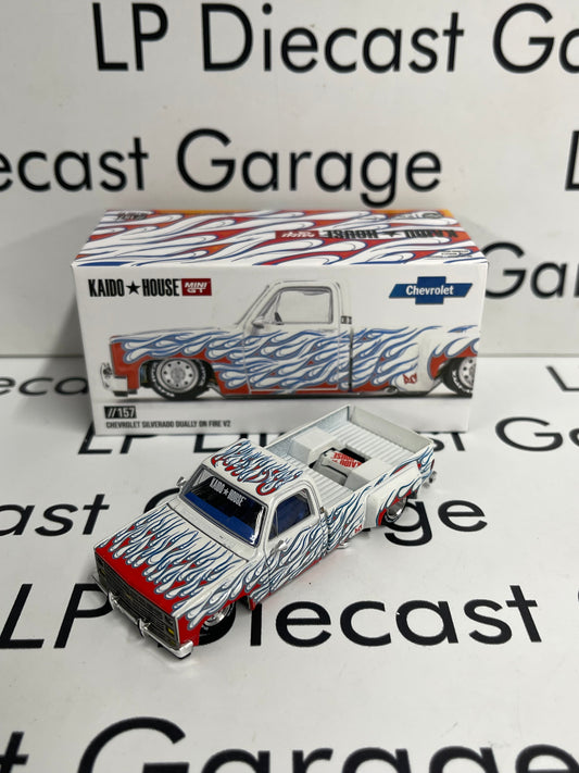 MINI GT KAIDO HOUSE Chevrolet Silverado Dually on Fire V2 White 1:64 Diecast