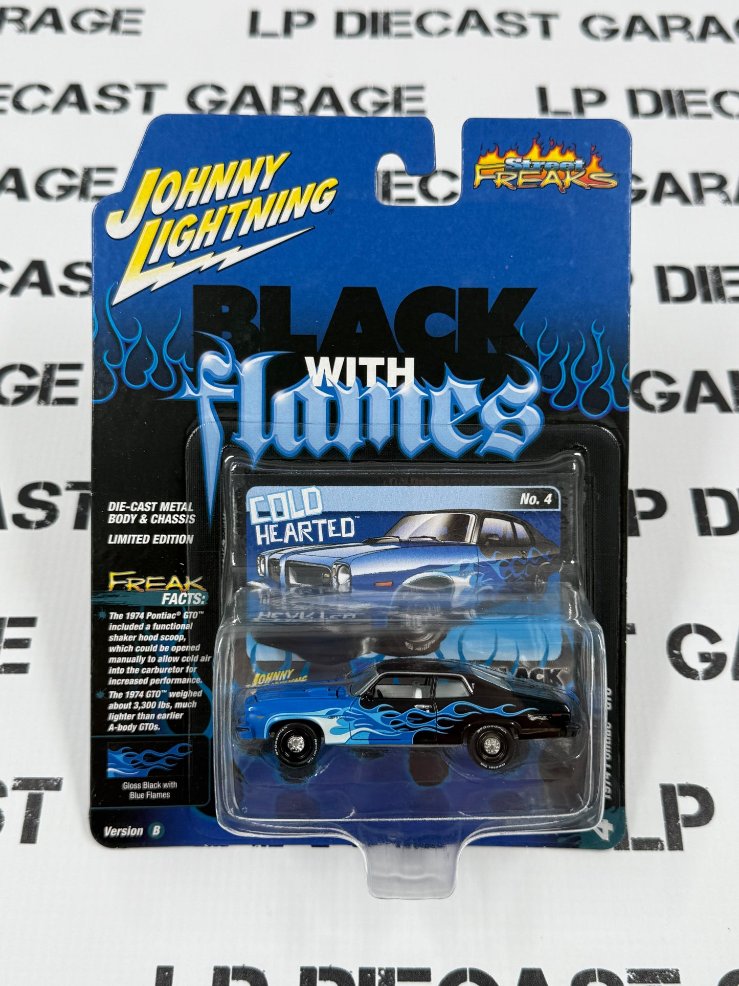 JOHNNY LIGHTNING 1974 Pontiac GTO Black w/ Blue Flames 1:64 Diecast