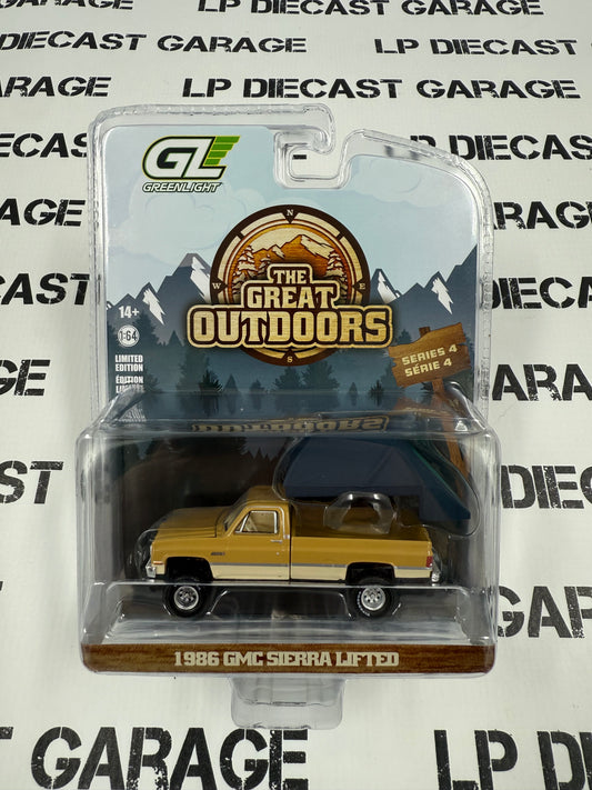 GREENLIGHT 1986 GMC Sierra Yellow w/ Tent 1:64 Diecast Great Outdoors