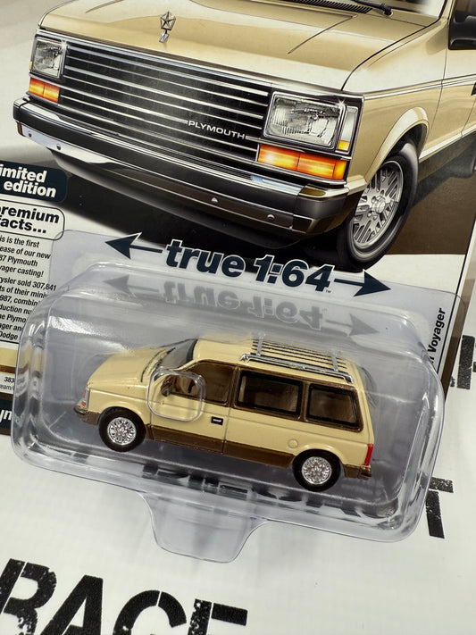 AUTO WORLD 1987 Plymouth Voyager Cream Brown 1:64 Diecast Mighty Minivans