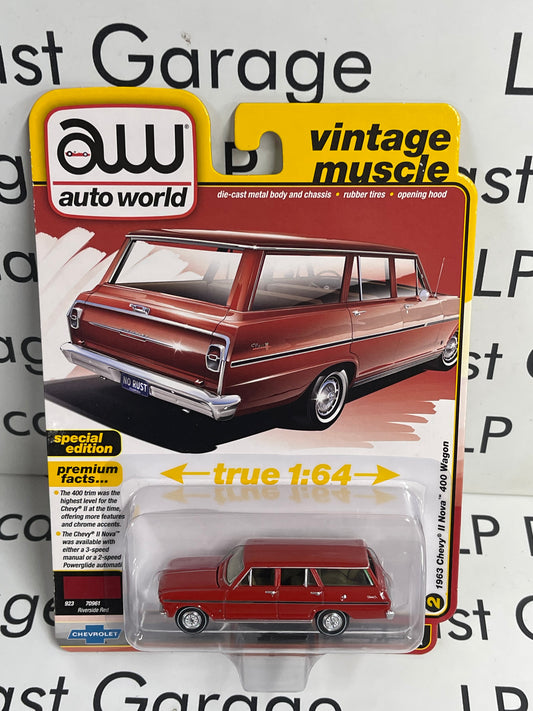 AUTO WORLD 1963 Chevy II Nova 400 Wagon Red 1:64 Diecast Vintage Muscle