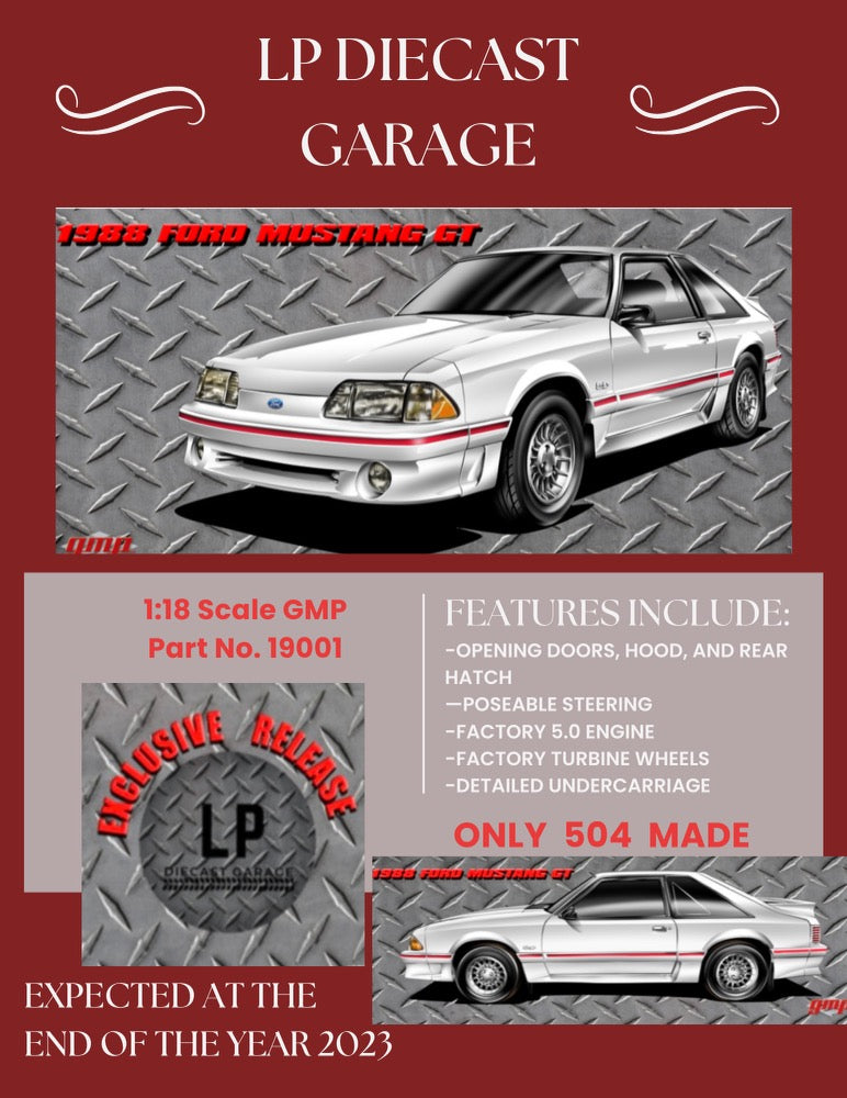 *PRE-ORDER* GMP 1988 Ford Mustang GT Oxford White w/ Red Body Stripe LP Diecast Garage Exclusive 1:18 Diecast Q4 2023 Release