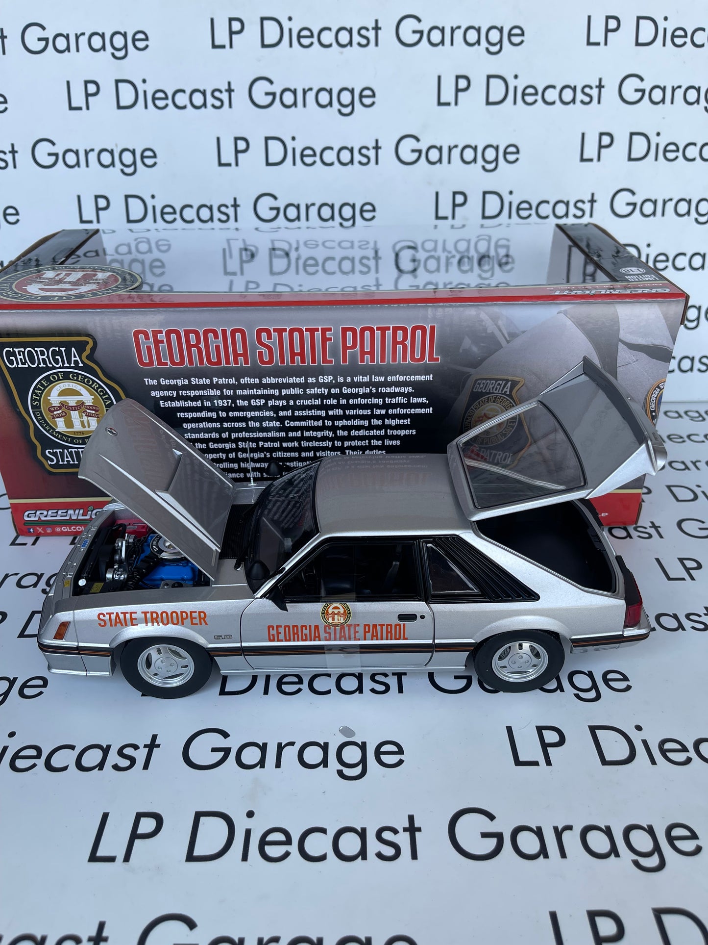 GREENLIGHT 1982 Ford Mustang SSP Georgia State Patrol Police State Trooper 1:18 Diecast