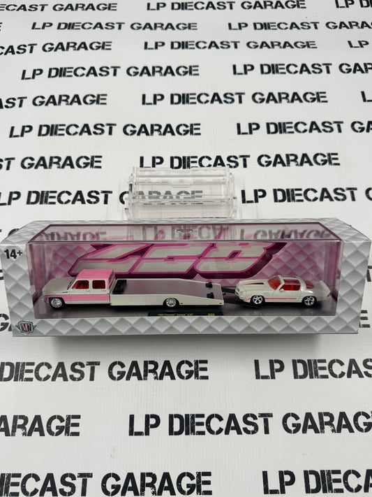 M2 Haulers 1980 Chevy Ramp Truck & Chevrolet Camaro Z28 Pink White 1:64 Diecast