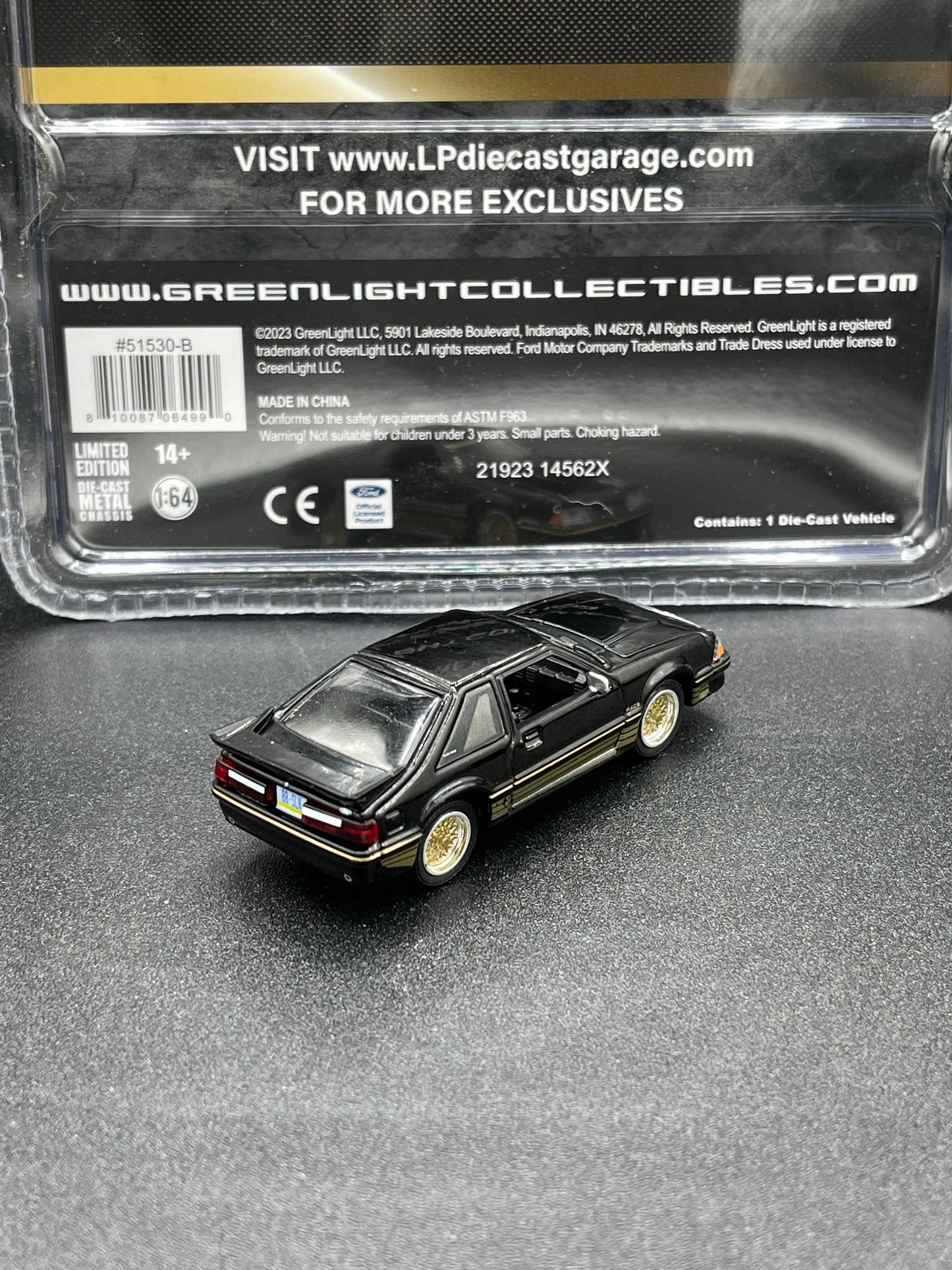 GREENLIGHT 1988 Ford Mustang Motorsport "SLN" Black with Gold Decals LP Diecast Garage Exclusive 1:64 Diecast Promo