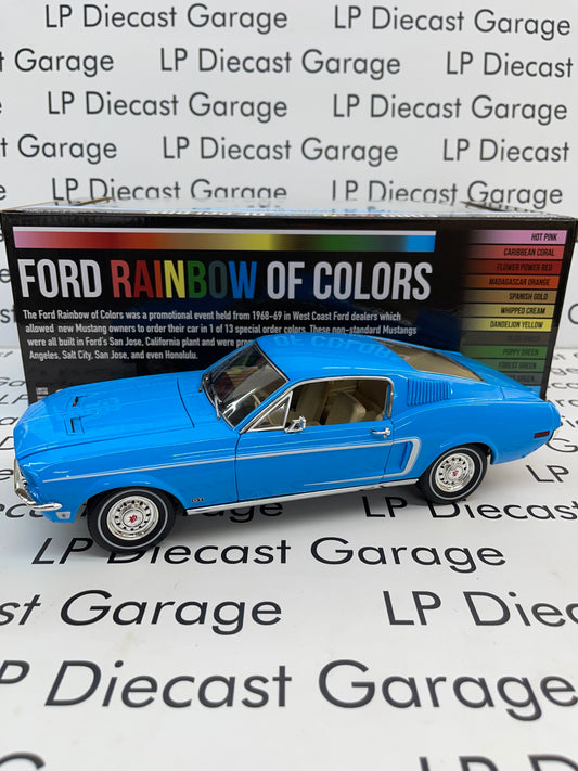 GREENLIGHT 1968 Ford Mustang Fastback GT Sierra Blue Ford Rainbow of Colors 1:18 Diecast