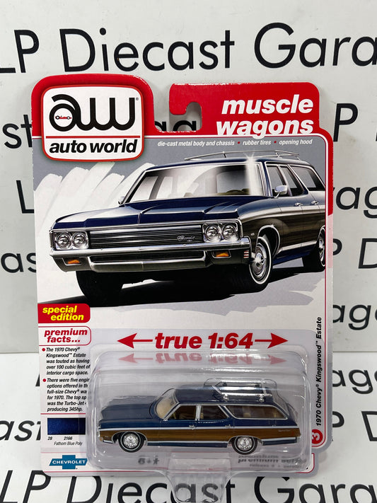 AUTO WORLD 1970 Chevy Kingswood Estate Fatham Blue Poly 1:64 Diecast Muscle Wagons