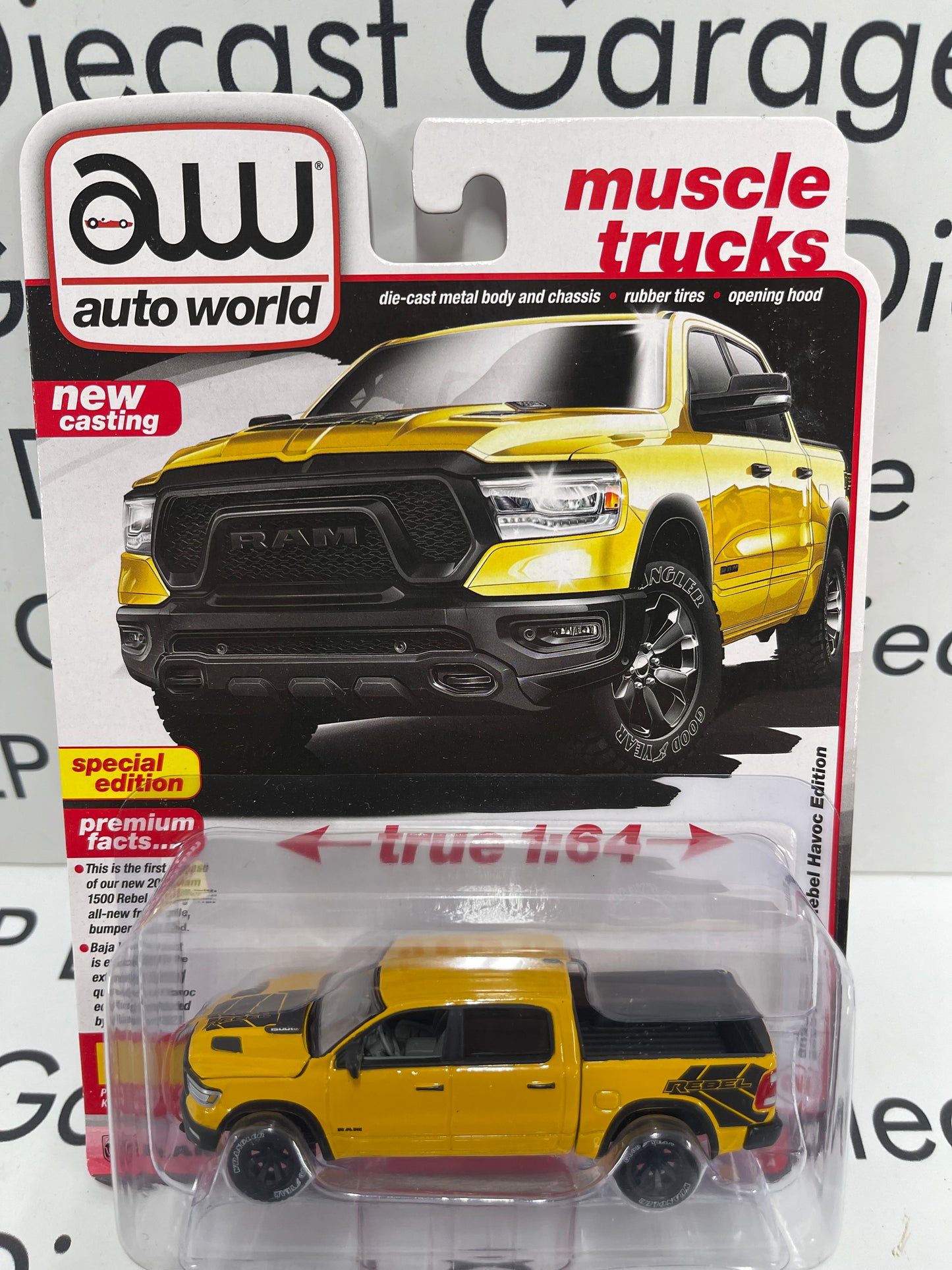 AUTO WORLD 2023 Ram 1500 Rebel Havoc Edition Baja Yellow 1:64 Diecast Muscle Trucks