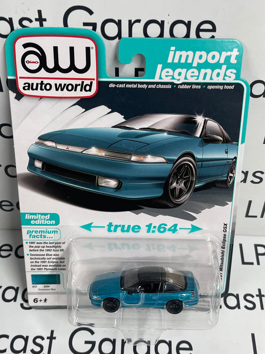 AUTO WORLD 1991 Mitsubishi Eclipse GSX Blue 1:64 Diecast Import Legends