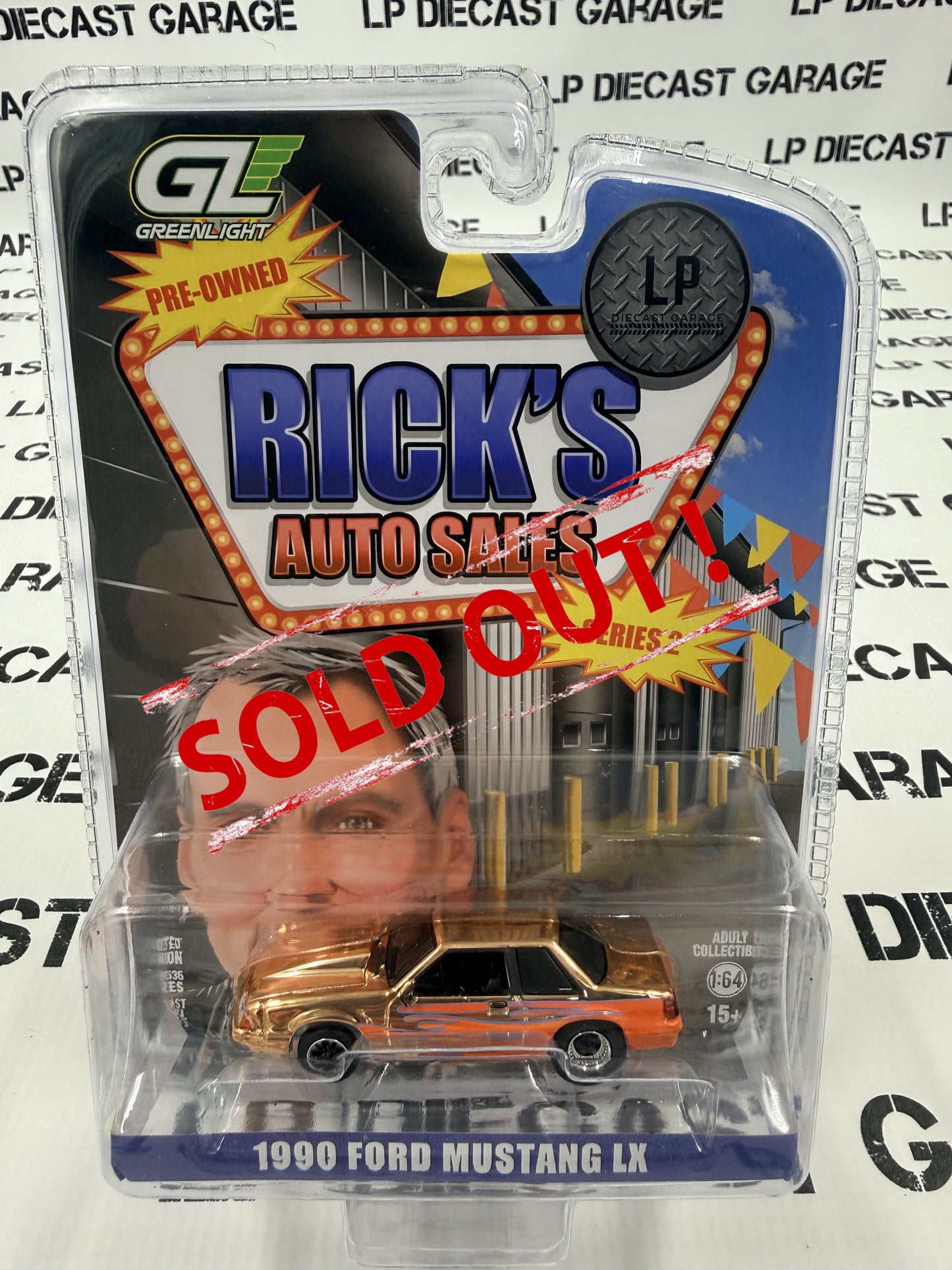 CHASE GREENLIGHT 1990 Ford Mustang LX Orange w/ Flames LP Exclusive 1:64 Diecast Ricks Auto Sales