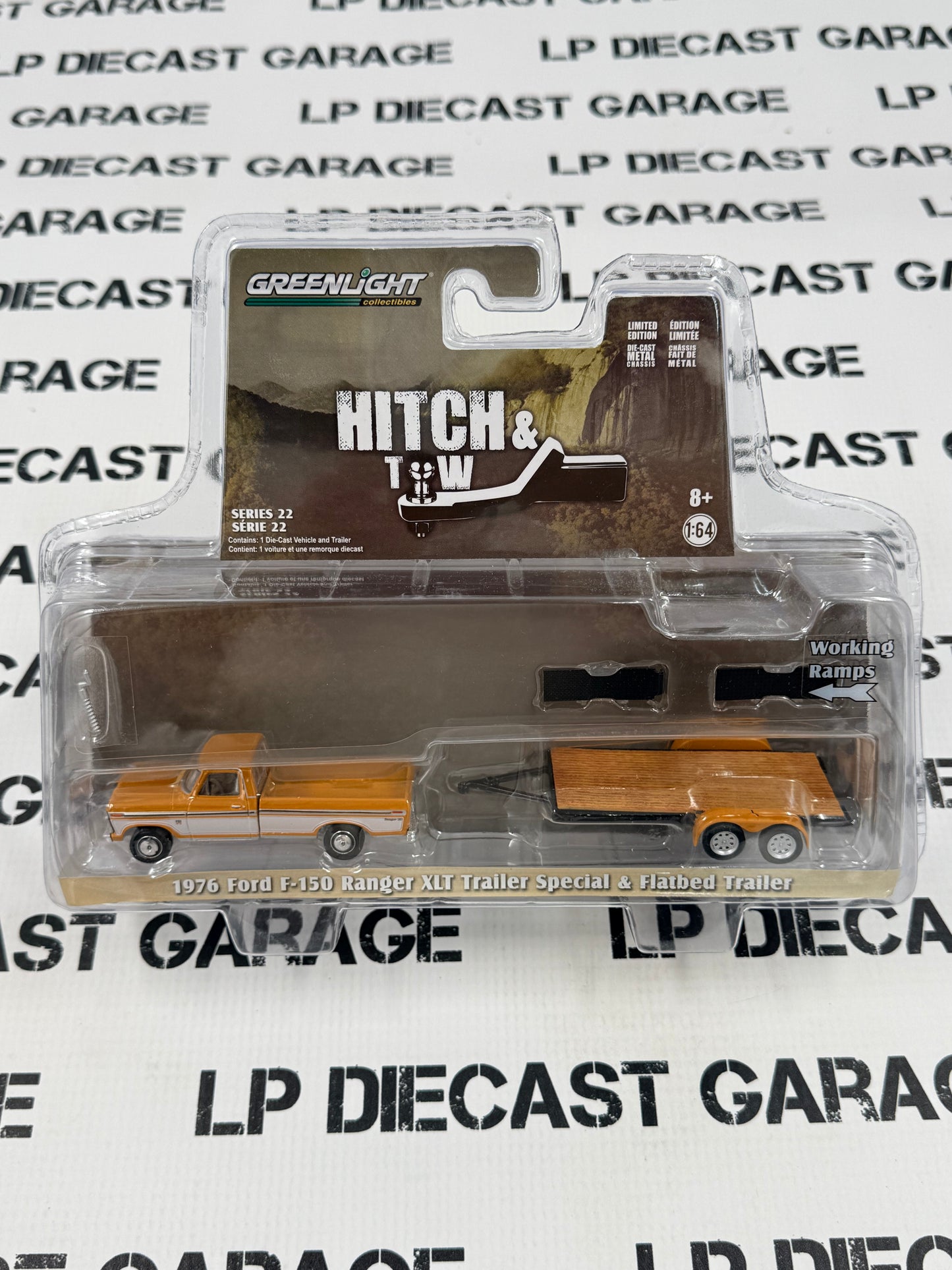 GREENLIGHT 1976 Ford F-150 Ranger w/ Trailer Orange 1:64 Diecast Hitch & Tow