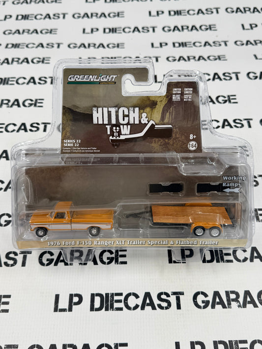GREENLIGHT 1976 Ford F-150 Ranger w/ Trailer Orange 1:64 Diecast Hitch & Tow
