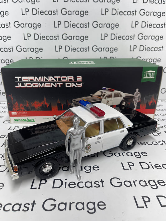 GREENLIGHT 1987 Chevrolet Caprice Metropolitan Police w/ T-1000 Figure Terminator 2 Judgement Day 1:18 Diecast