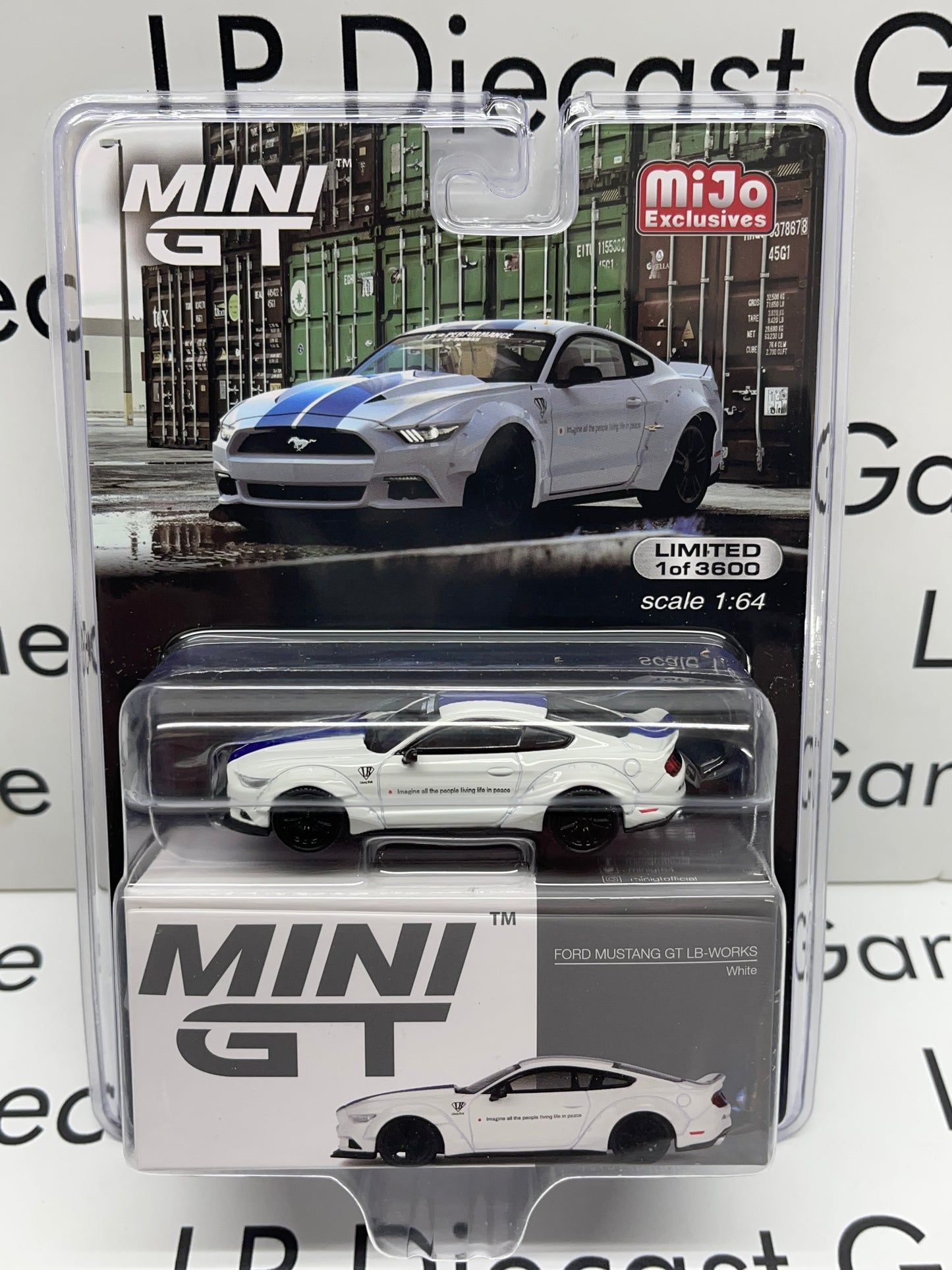 MINI GT 2021 Ford Mustang GT LB Works White w/ Blue Stripes MiJo 1:64 Diecast