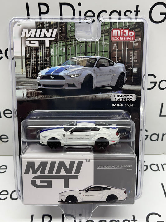 MINI GT 2021 Ford Mustang GT LB Works White w/ Blue Stripes MiJo 1:64 Diecast