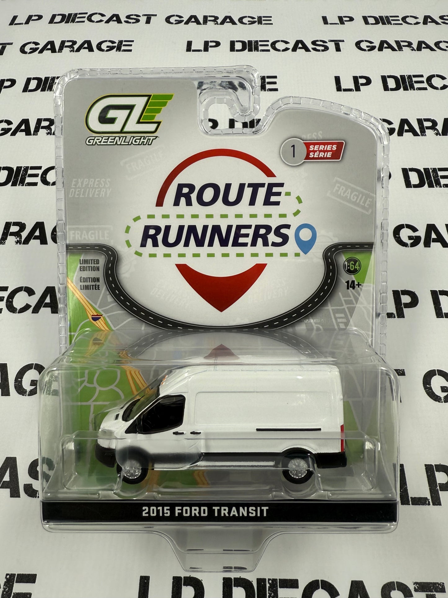 GREENLIGHT 2015 Ford Transit White Route Runners Van 1:64 Diecast