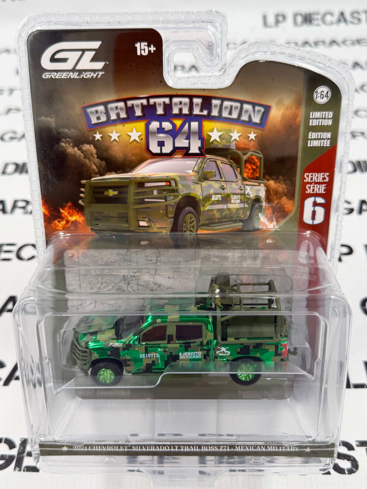 CHROME CHASE GREENLIGHT 2021 Chevrolet Silverado Trail Boss Mexican Military 1:64 Diecast Battalion 64