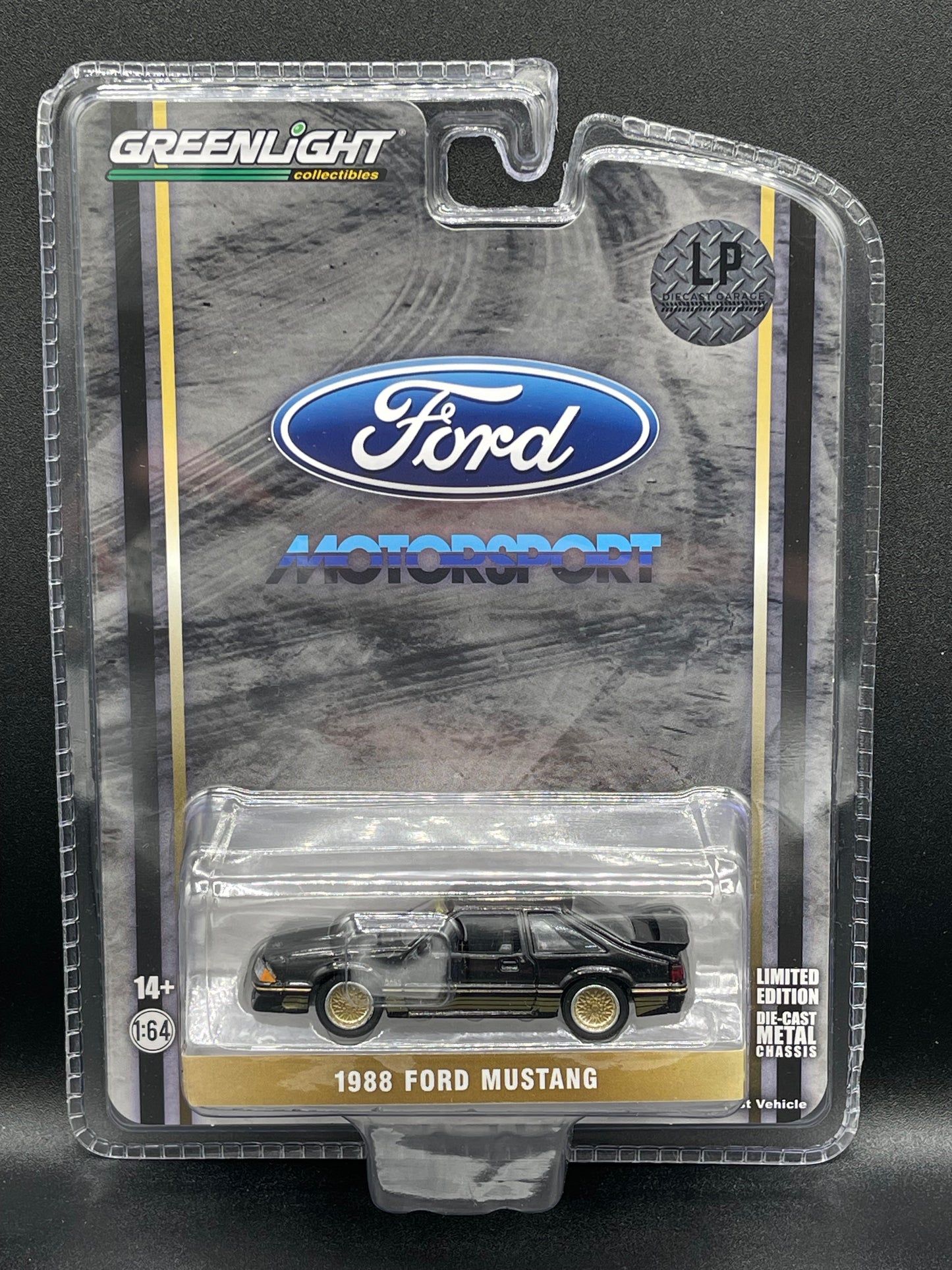 GREENLIGHT 1988 Ford Mustang Motorsport "SLN" Black with Gold Decals LP Diecast Garage Exclusive 1:64 Diecast Promo