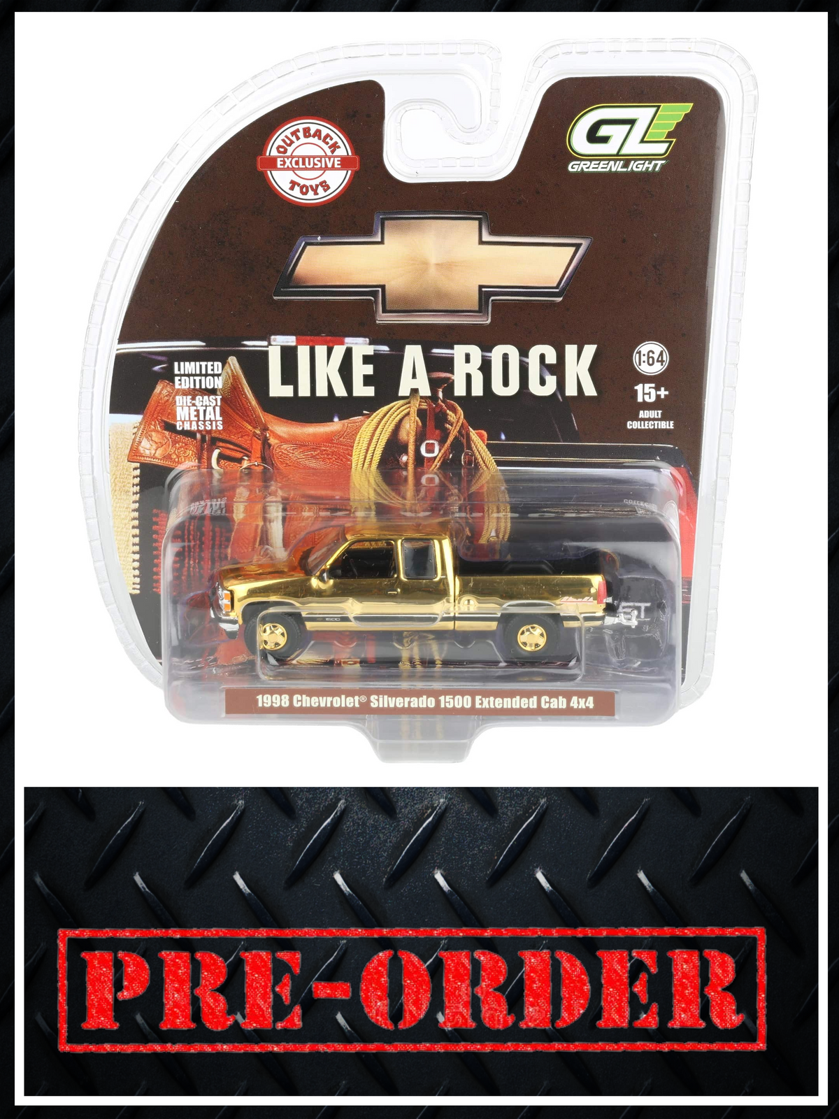 CHROME CHASE GREENLIGHT 1998 Chevrolet Silverado 1500 4x4 Black 1:64 Diecast OBT Exclusive PRE-ORDER