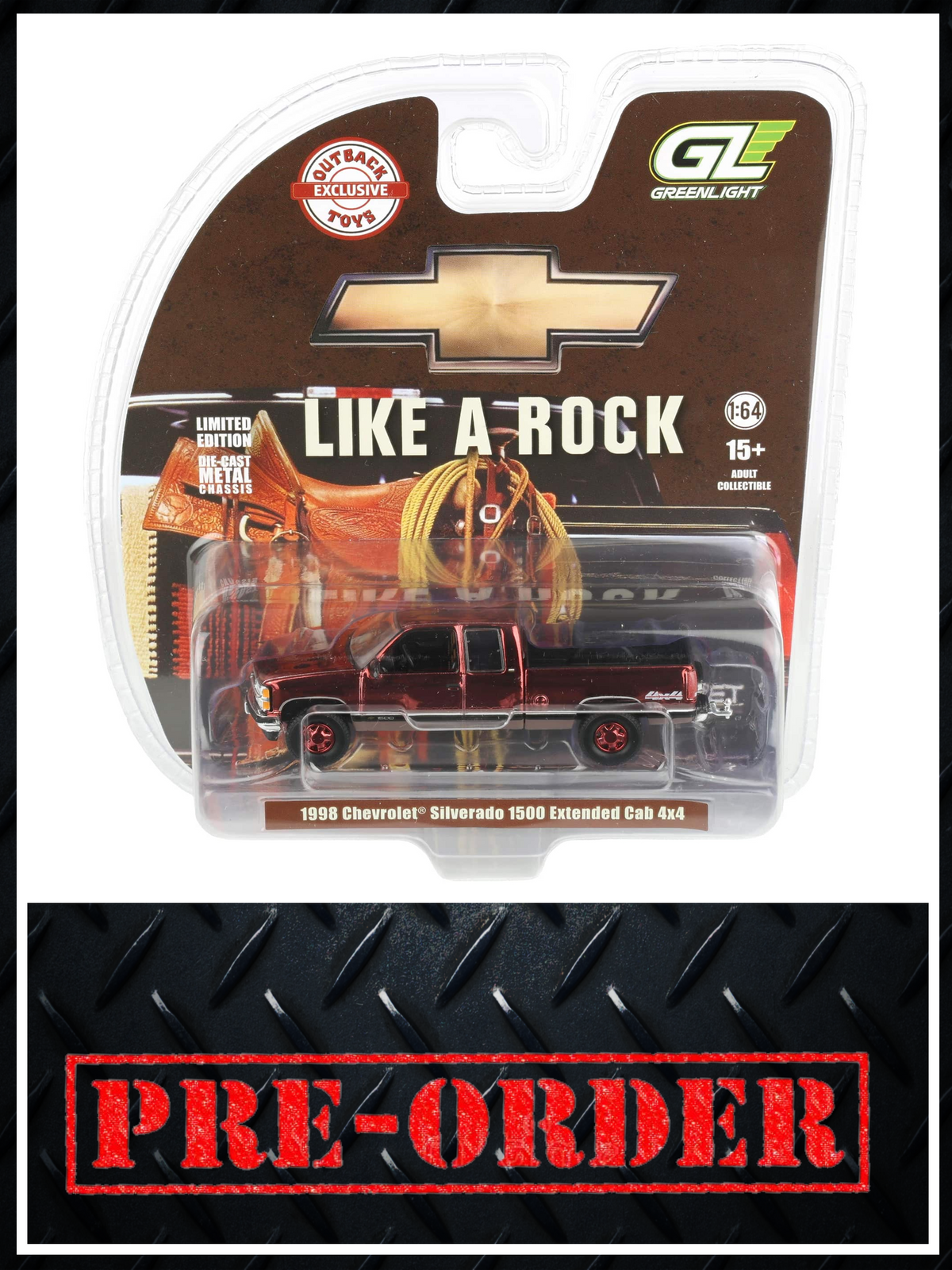 CHROME CHASE GREENLIGHT 1998 Chevrolet Silverado 1500 4x4 Dark Red & Tan 1:64 Diecast OBT Exclusive PRE-ORDER