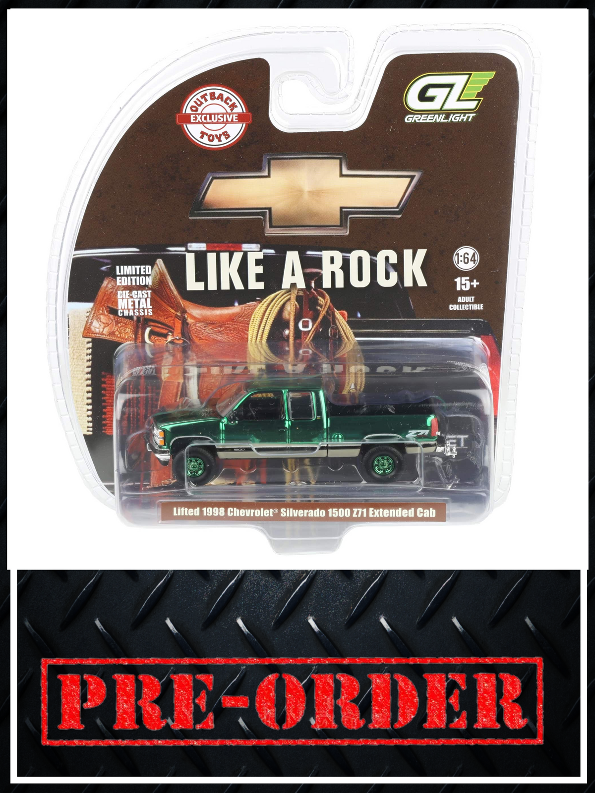 CHROME CHASE GREENLIGHT 1998 Chevrolet Silverado 1500 4x4 Green & Tan 1:64 Diecast OBT Exclusive PRE-ORDER