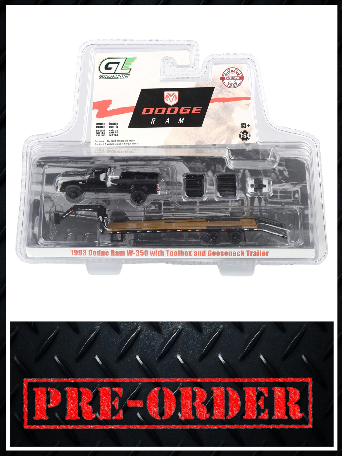 GREENLIGHT 1993 Dodge Ram W350 Black w/ Gooseneck Trailer 1:64 Diecast OBT Exclusive PRE-ORDER