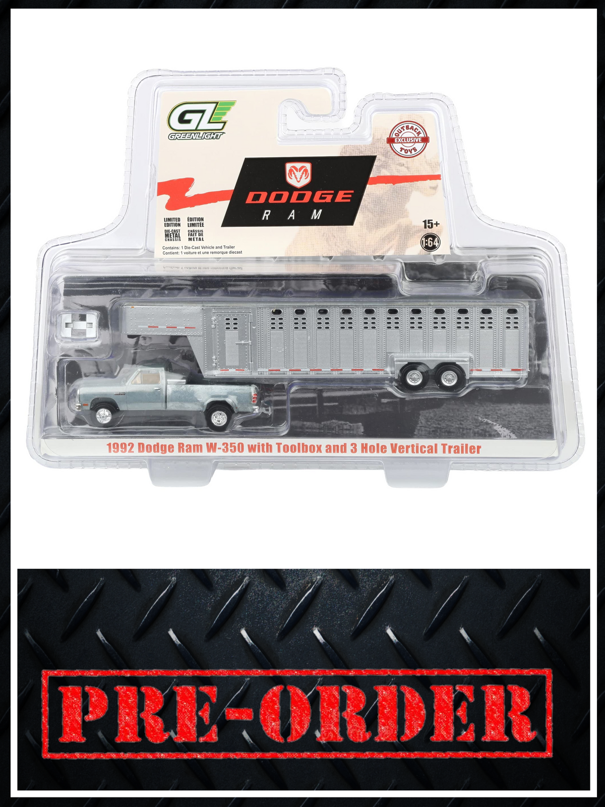 RAW CHASE GREENLIGHT 1993 Dodge Ram W350 White w/ Livestock Trailer 1:64 Diecast OBT Exclusive PRE-ORDER