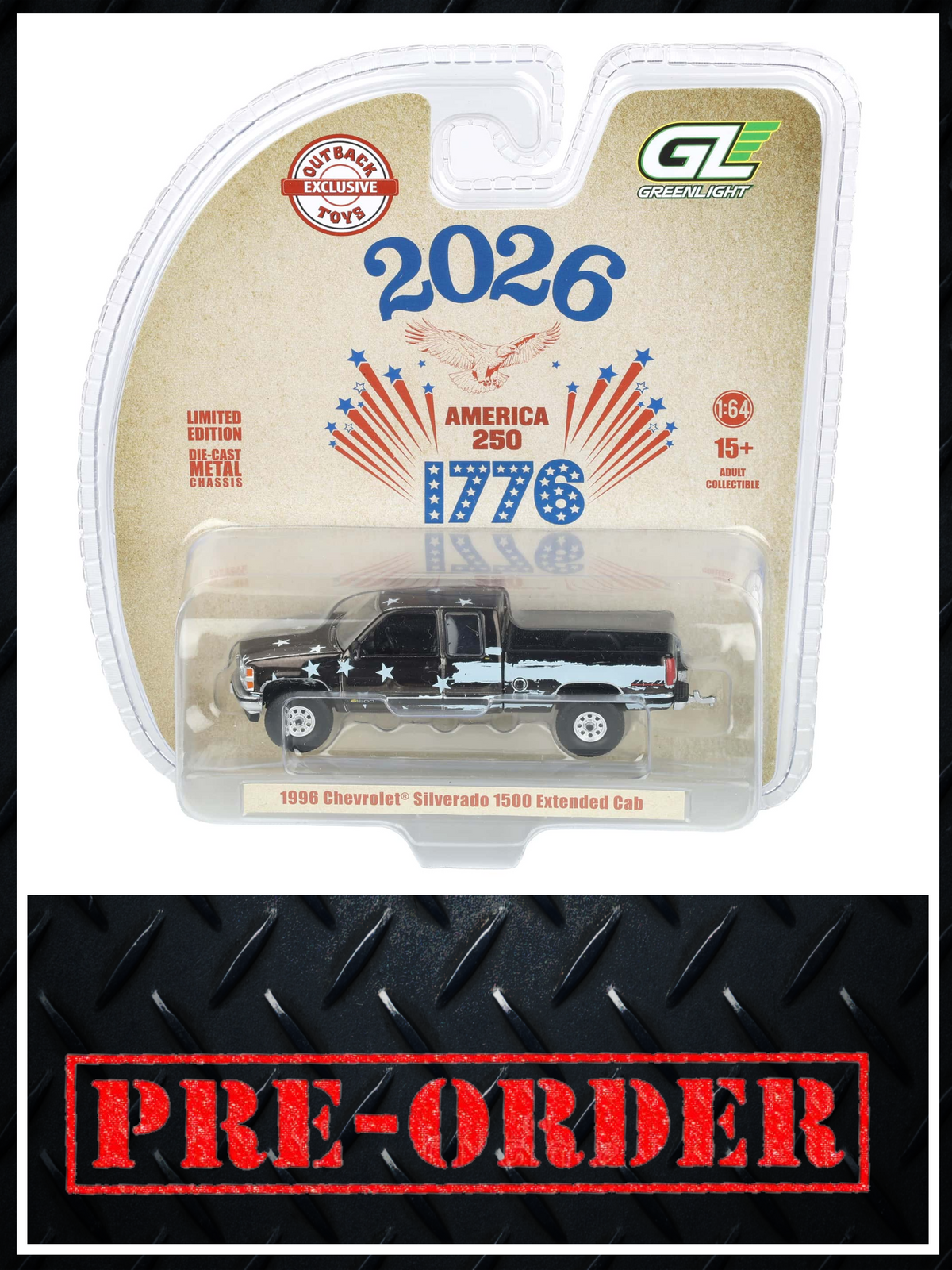 BLACK CHROME CHASE GREENLIGHT 1996 Chevrolet Silverado USA 250 Years 1:64 Diecast OBT Exclusive PRE-ORDER