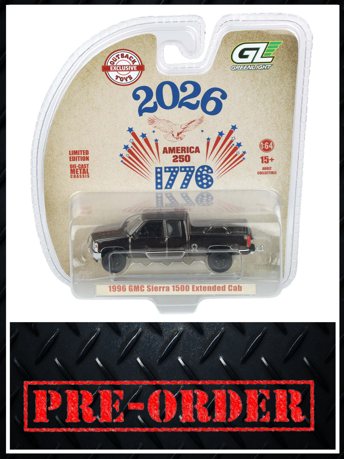 BLACK CHROME CHASE GREENLIGHT 1996 GMC Sierra USA 250 Years 1:64 Diecast OBT Exclusive PRE-ORDER