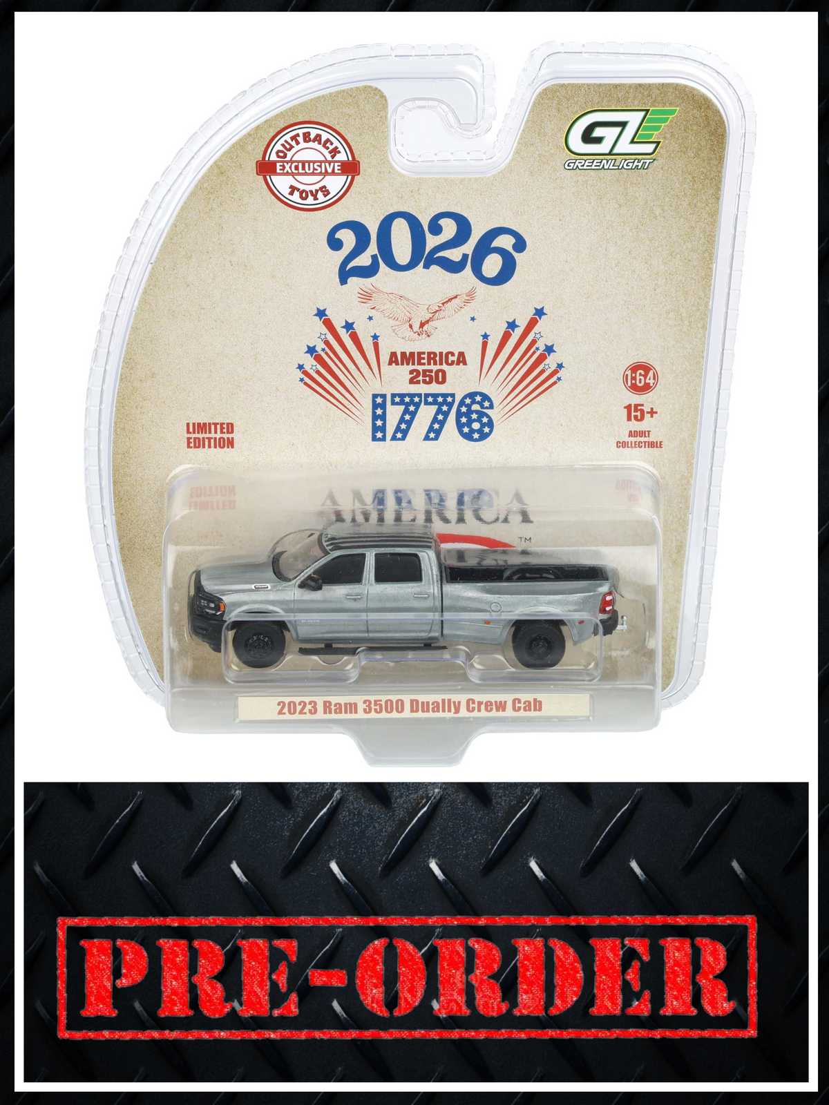 RAW CHASE GREENLIGHT 2023 Ram 3500 USA 250 Years 1:64 Diecast OBT Exclusive PRE-ORDER