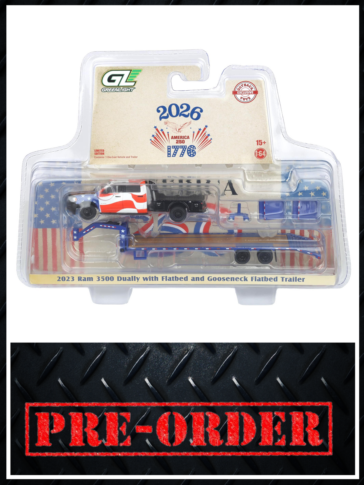 GREENLIGHT 2023 Ram 3500 w/ Gooseneck Trailer USA 250 Years 1:64 Diecast OBT Exclusive PRE-ORDER