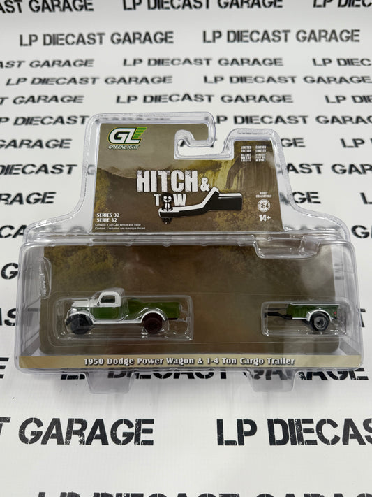 GREENLIGHT 1950 Dodge Power Wagon & Cargo Trailer Green 1:64 Diecast Hitch & Tow