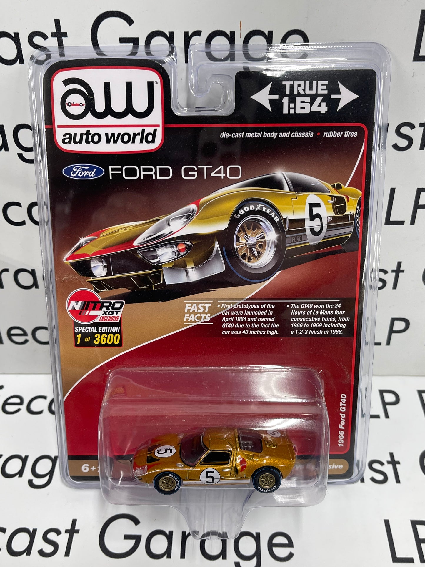 AUTO WORLD 1966 Ford GT40 Gold #5 1:64 Diecast Nitro XGT Exclusive