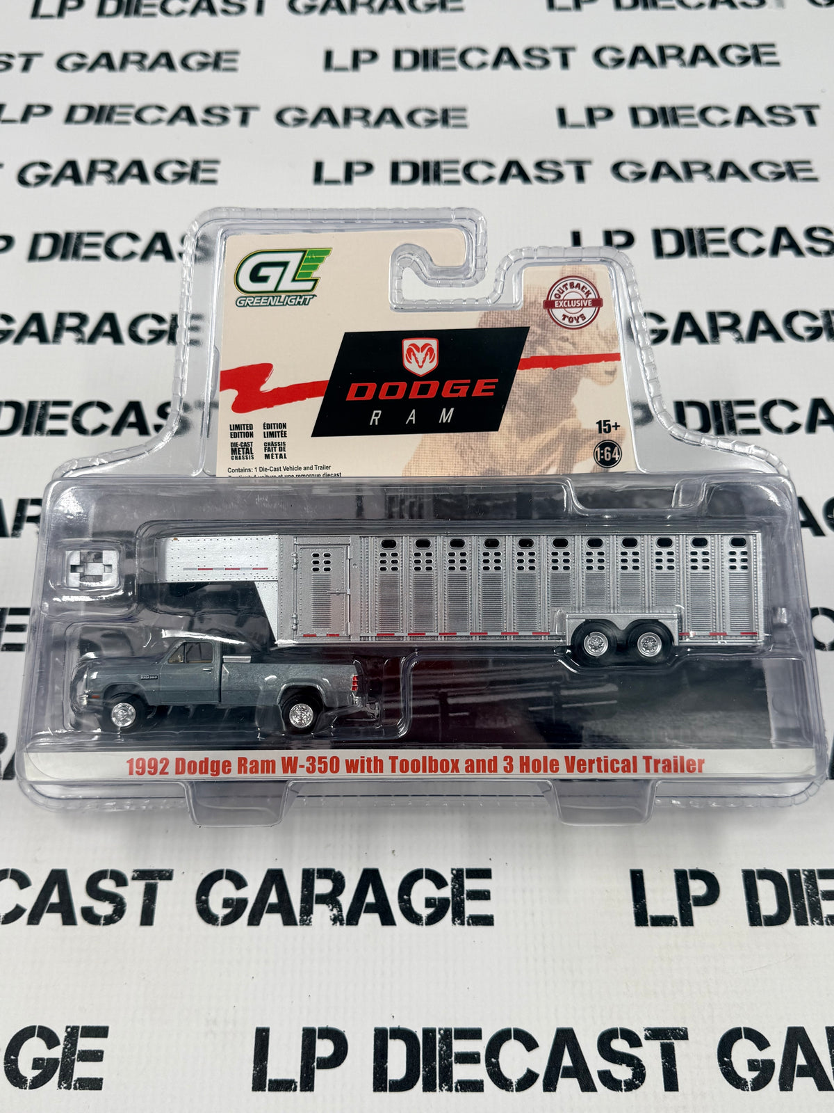 RAW CHASE GREENLIGHT 1993 Dodge Ram W350 White w/ Livestock Trailer 1:64 Diecast OBT Exclusive