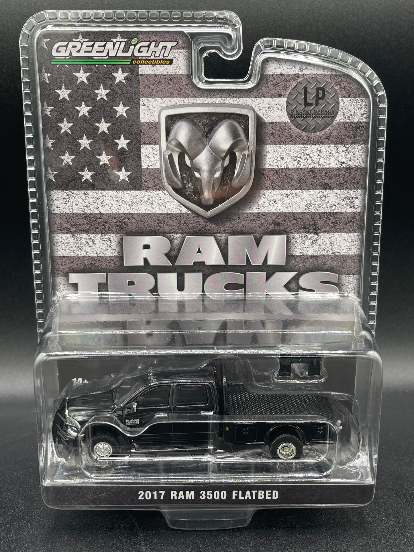 GREENLIGHT 2017 Ram 3500 Laramie Flatbed Black Cummins Diesel LP Diecast Garage Exclusive 1:64 Diecast Promo