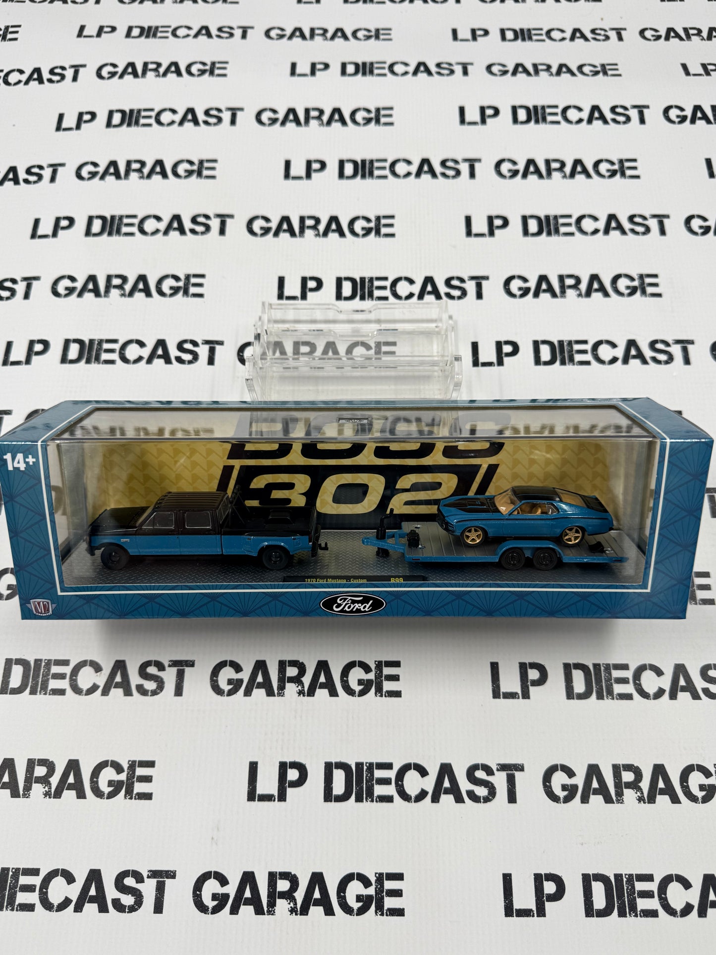 M2 Haulers 1990 Ford F-350 & 1970 Ford Mustang w/ Trailer Black Blue 1:64 Diecast