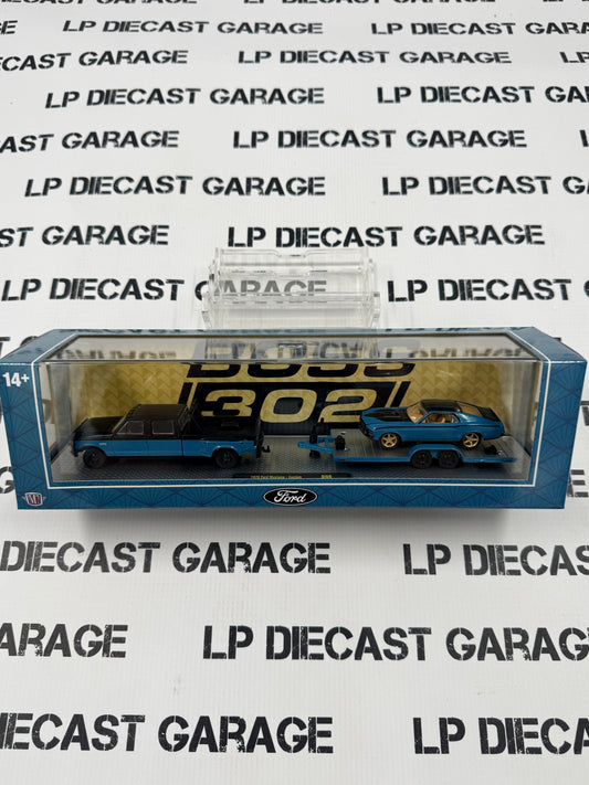 M2 Haulers 1990 Ford F-350 & 1970 Ford Mustang w/ Trailer Black Blue 1:64 Diecast