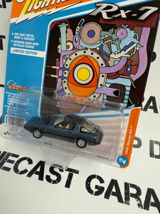JOHNNY LIGHTNING 1985 Mazda RX-7 Tender Blue 1:64 Diecast Classic Gold