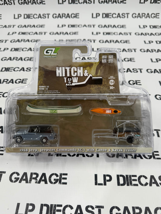GREENLIGHT 1968 Jeep Commando w/ Kayak Trailer Blue 1:64 Diecast Hitch & Tow