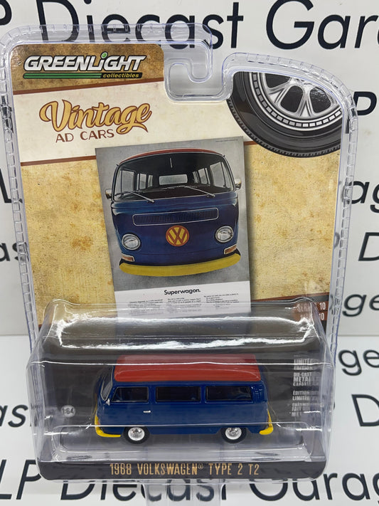 GREENLIGHT 1968 Volkswagen Type 2 T2 Van Blue 1:64 Diecast Vintage Ad Cars