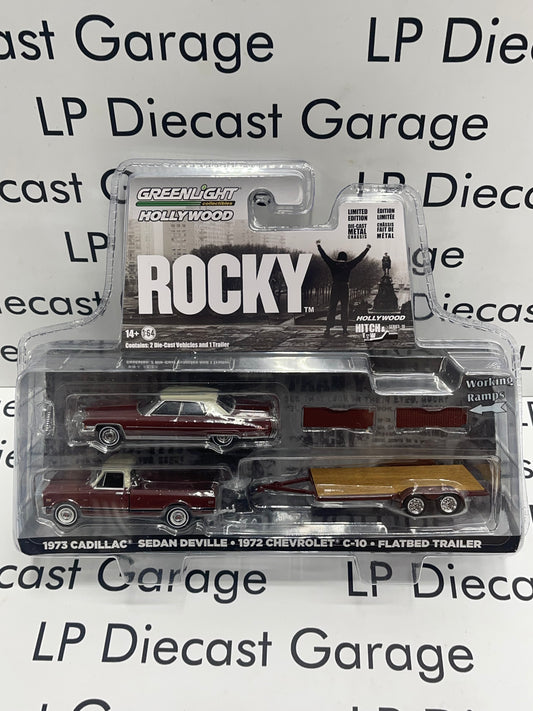 GREENLIGHT Hitch & Tow Hollywood Rocky 1973 Cadillac Deville 1972 Chevrolet C-10 Flatbed Trailer Set 1:64 Diecast