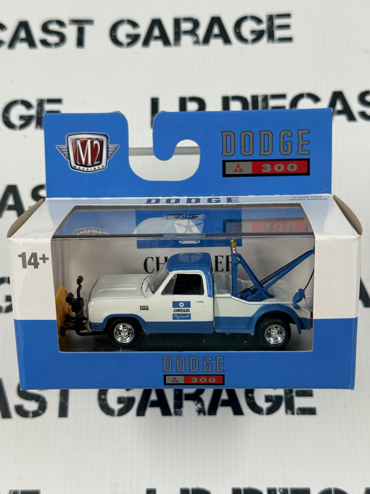 M2 1972 Dodge D-300 Tow Truck w/ Snow Plow White & Blue 1:64 Diecast