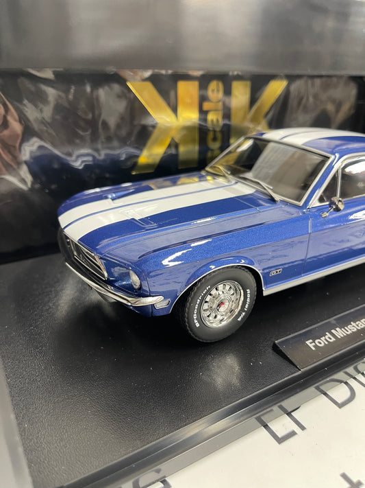 KK Scale 1968 Ford Mustang GT Fastback Blue w/ White Stripes 1:18 Diecast