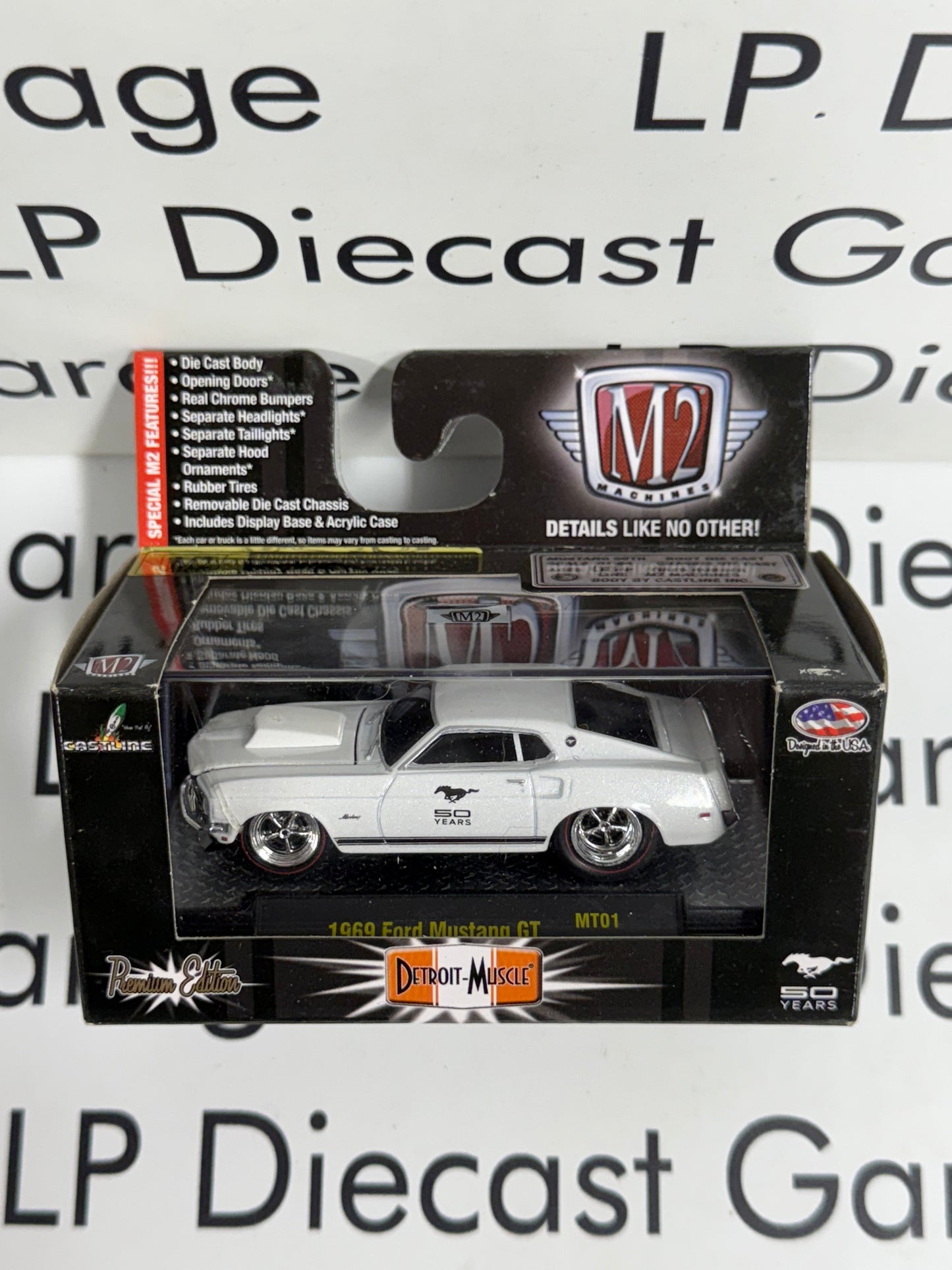M2 1969 Ford Mustang GT White 50 Years 1:64 Diecast