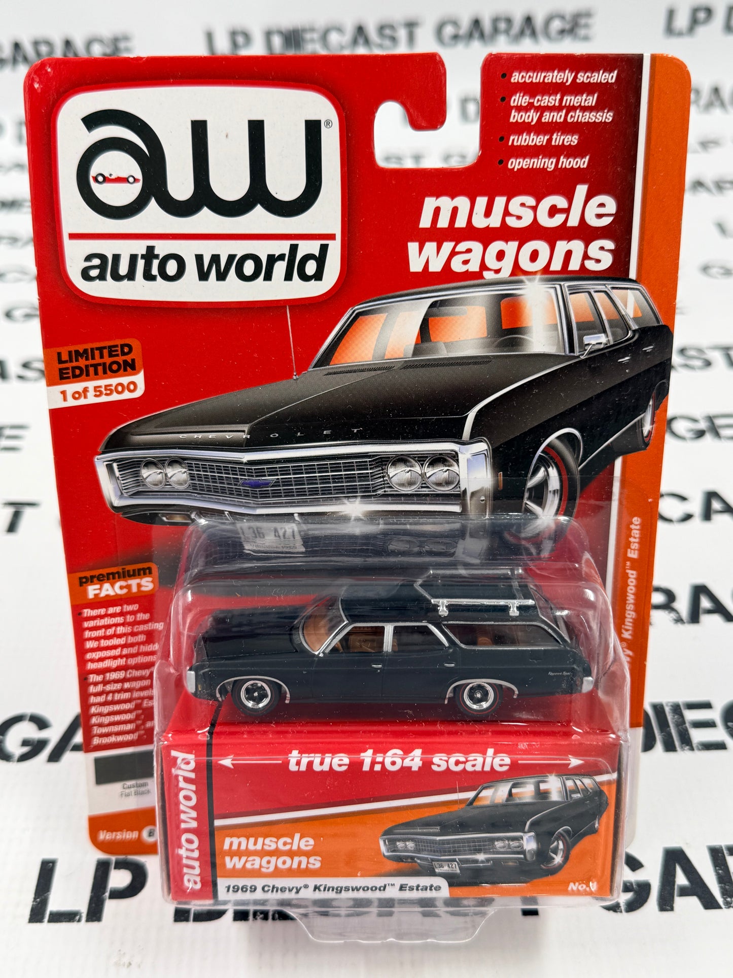 AUTO WORLD 1969 Chevy Kingswood Estate Flat Black 1:64 Diecast Muscle Wagons