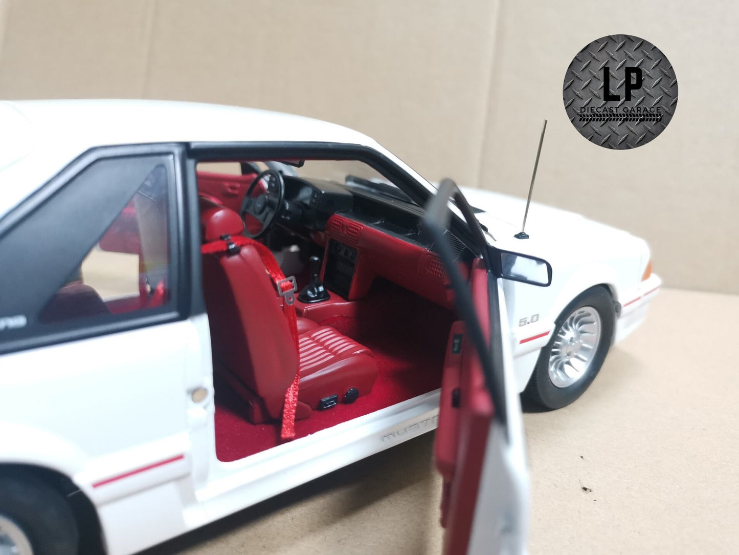 *PRE-ORDER* GMP 1988 Ford Mustang GT Oxford White w/ Red Body Stripe LP Diecast Garage Exclusive 1:18 Diecast Q4 2023 Release