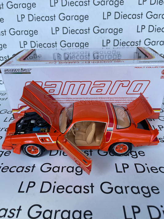 GREENLIGHT 1980 Chevrolet Camaro Z/28 Hugger Hugger Red Orange General Motors Special Vehicle Development 1:18 Diecast