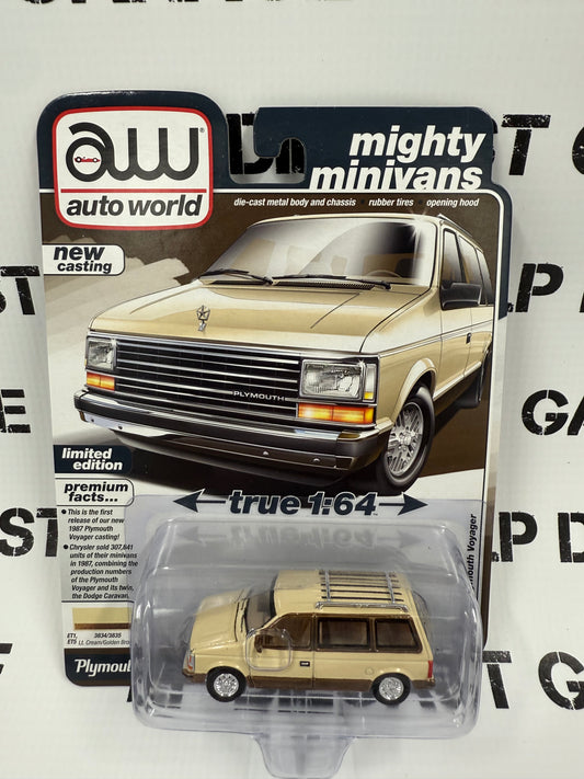 AUTO WORLD 1987 Plymouth Voyager Cream Brown 1:64 Diecast Mighty Minivans