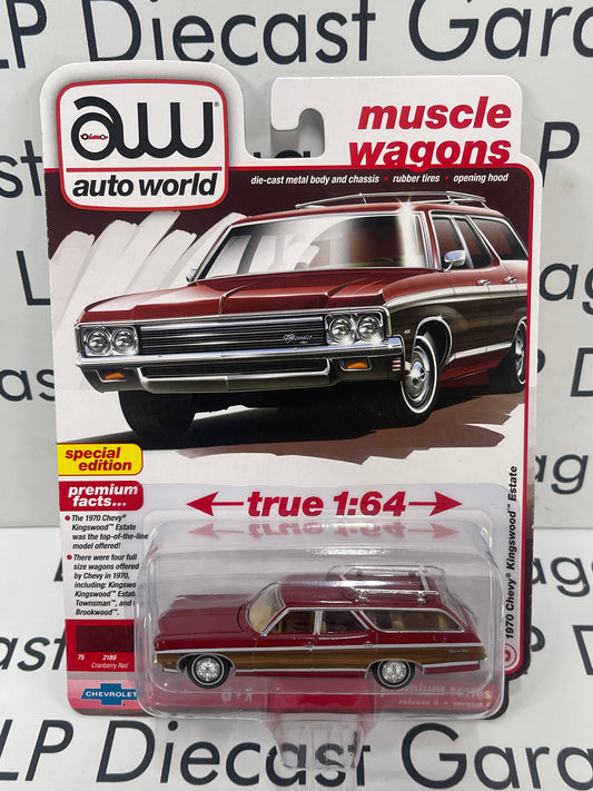AUTO WORLD 1970 Chevy Kingswood Estate Cranberry Red 1:64 Diecast Muscle Wagons