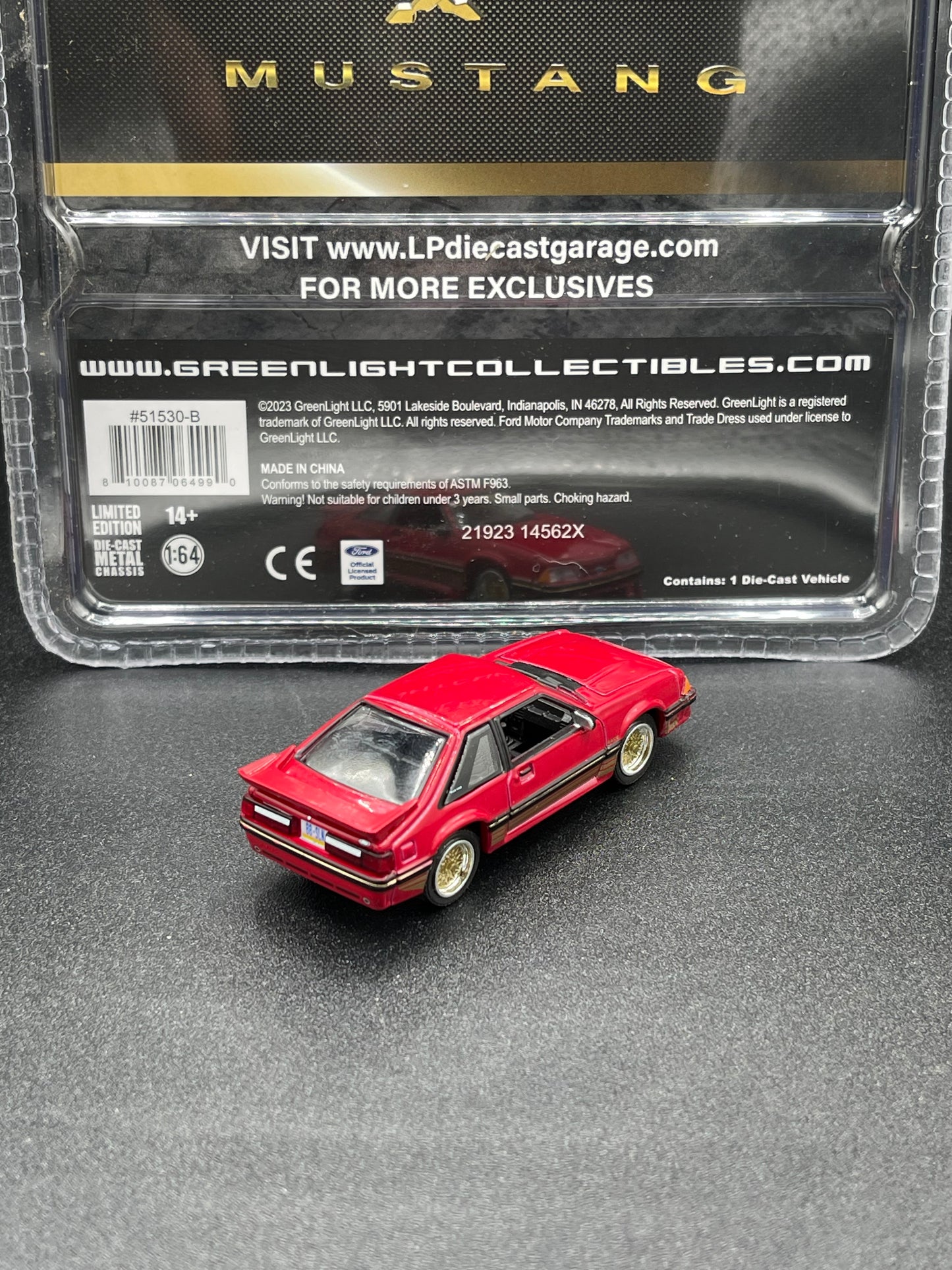 GREENLIGHT 1988 Ford Mustang Motorsport "SLN" Scarlet Red with Gold Decals LP Diecast Garage Exclusive 1:64 Diecast Promo